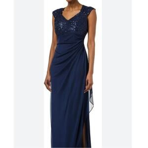 New Alex Evenings Navy blue formal rouched side gown sequined bodice size 6